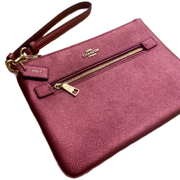 Coach NWT Metallic Wine Leather Women's Wristlet Pouch - Picture 1 of 9